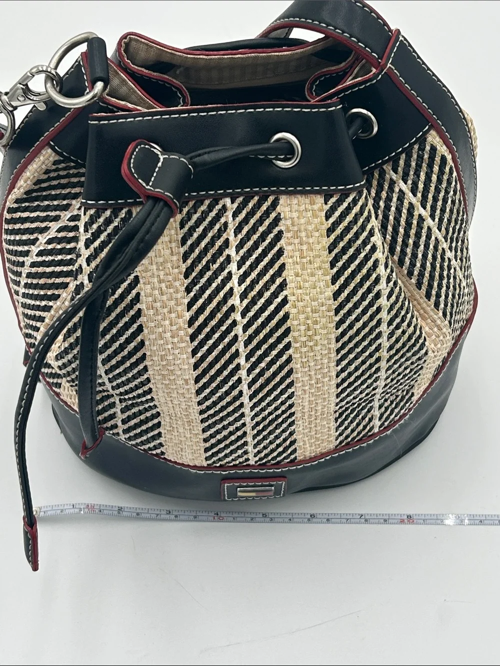 Y2K Tommy Hilfiger Black Natural/Red Straw Leather Bucket Bag Matching‎ Eye Case